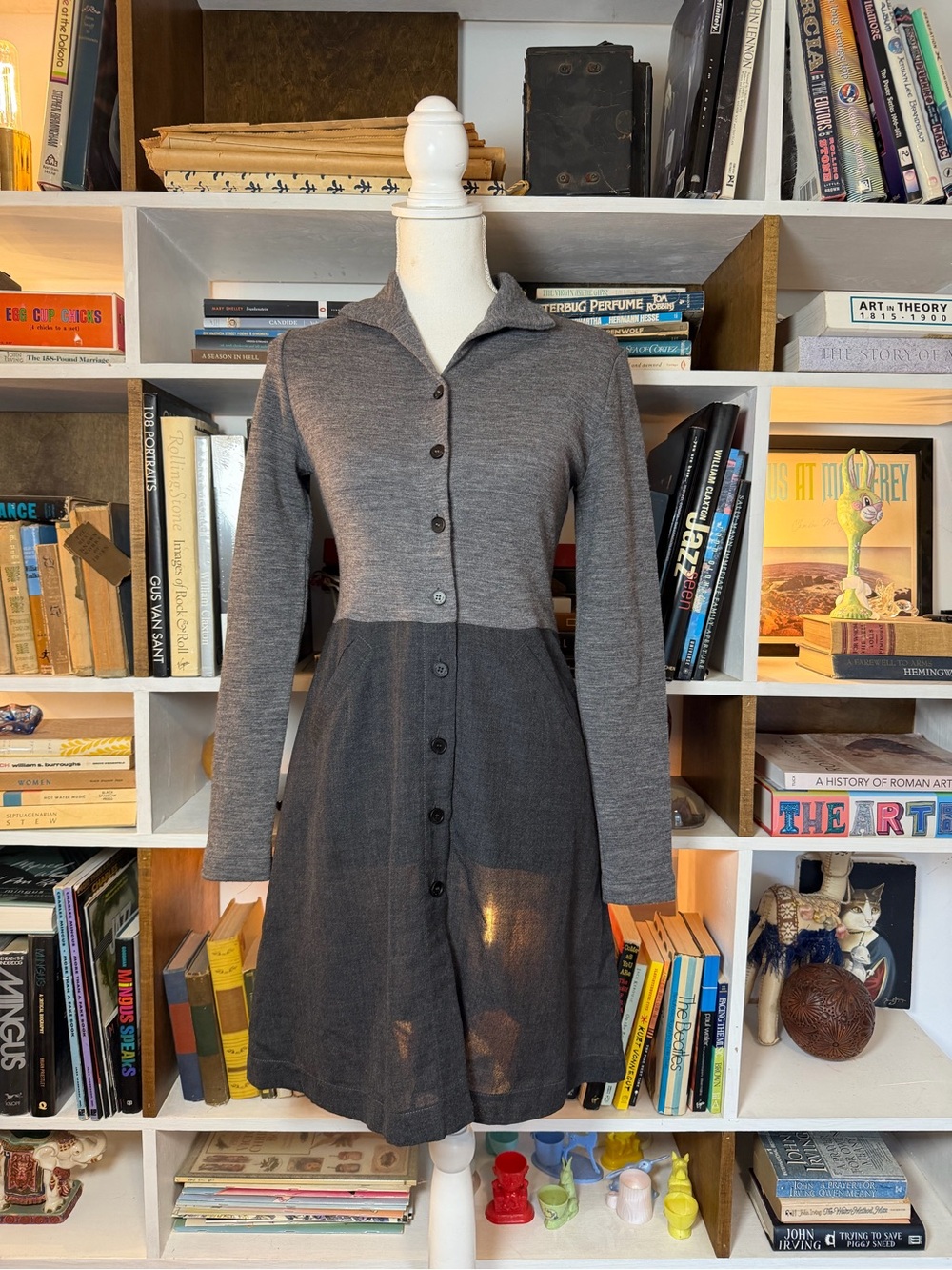 Womens Two-Tone Gray Button-Front Knit Dress
